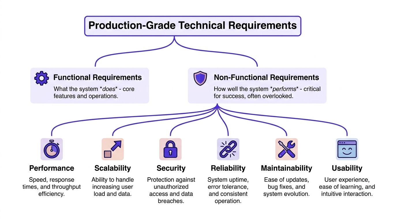 A diagram illustrating the core components of production-grade technical requirements for software systems including functional and non-functional specifications.