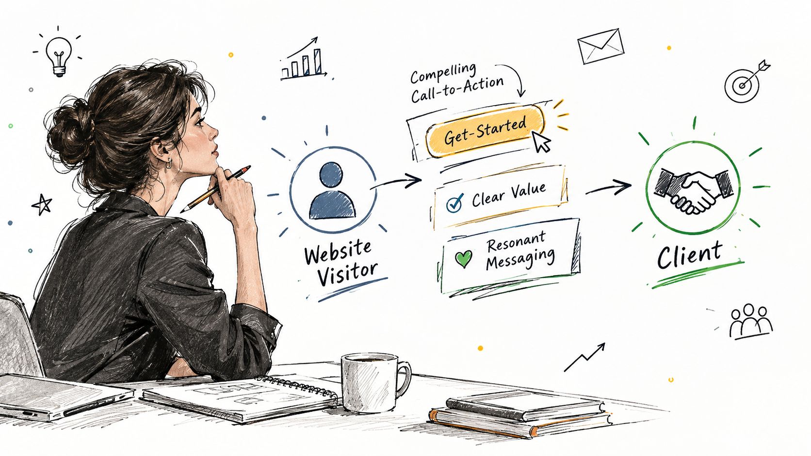 A businesswoman sketching a digital marketing workflow to convert website visitors into clients at her desk.