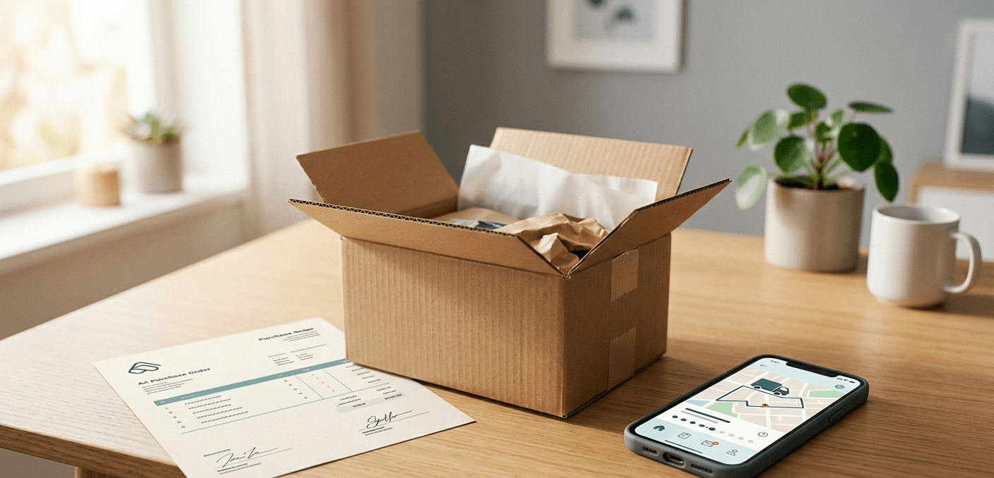 Open cardboard shipping box with purchase order document and phone showing delivery tracking on a clean desk