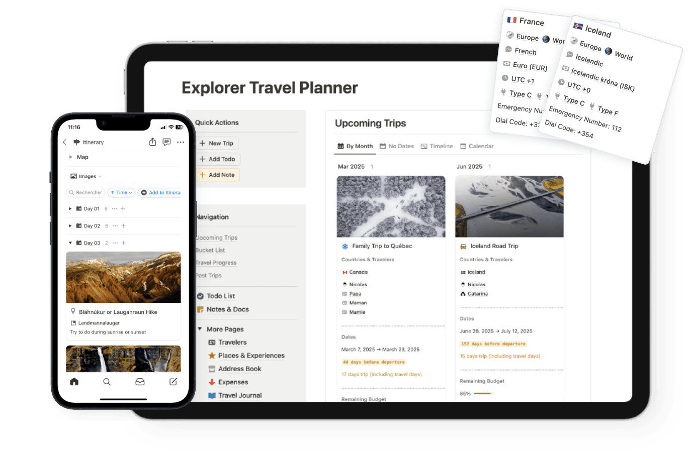 An iPad and an iPhone showing the Explorer Travel Planner template