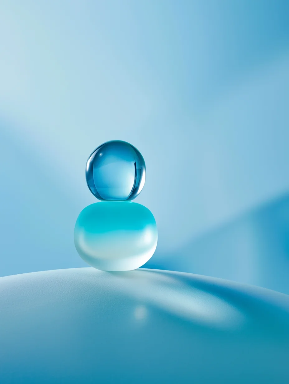 Minimal translucent spheres stacked on a soft blue surface.