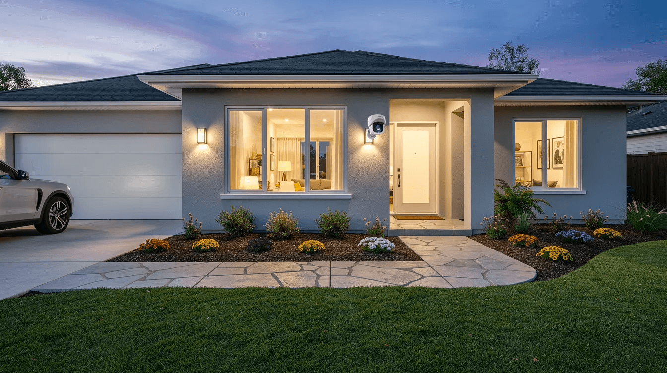 The image depicts a well-lit home exterior at dusk, showcasing a beautifully landscaped front yard and a visible security camera, emphasizing the importance of protecting newfound wealth. This scene serves as a reminder for homeowners to consider smart financial decisions and to seek advice from certified financial advisors to manage their assets effectively.