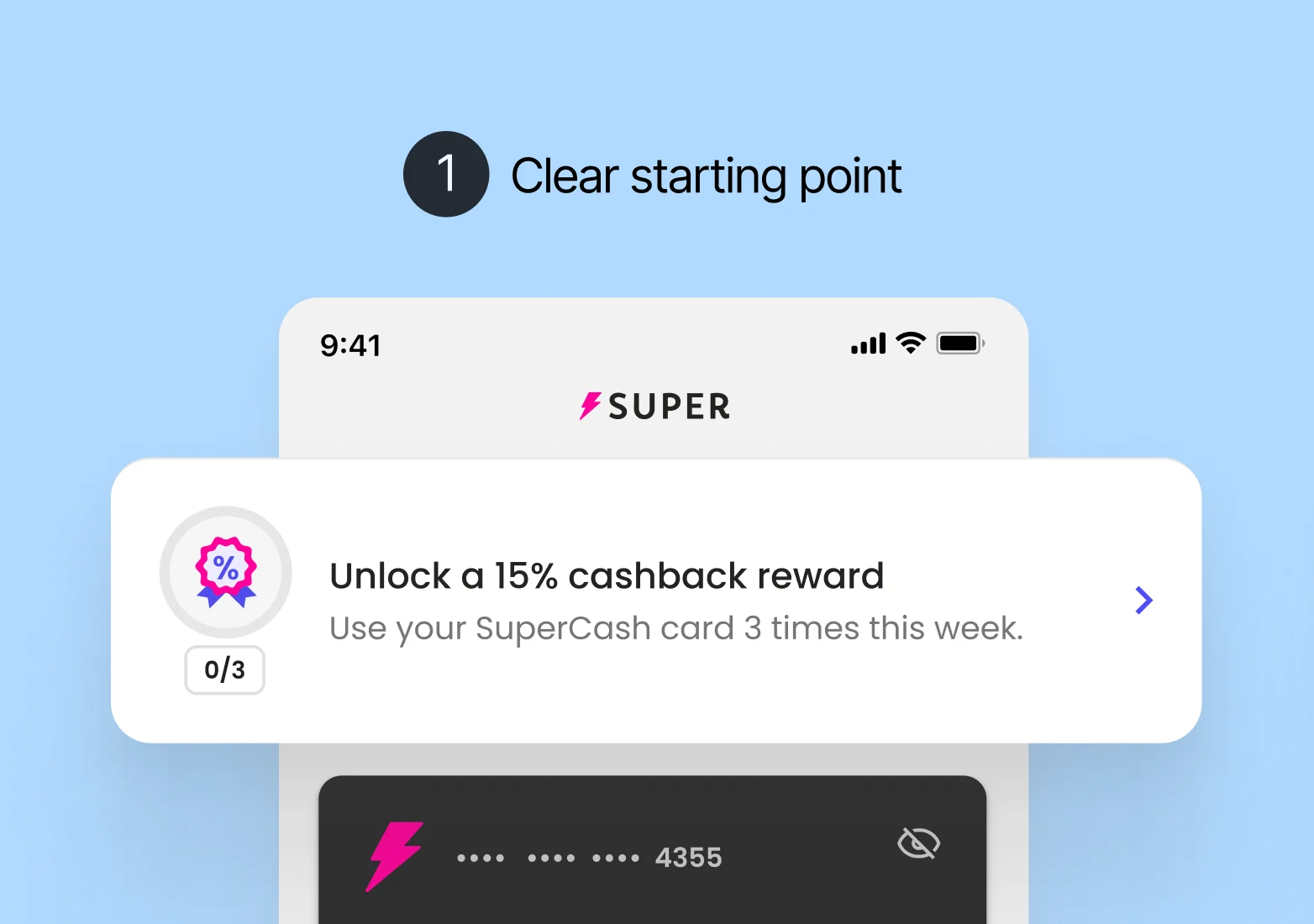 Close-up of a mobile UI card titled 'Clear starting point.' The interface displays a cashback reward task with a 0/3 progress indicator, a reward icon, and clear instructional text on a clean, white card component.