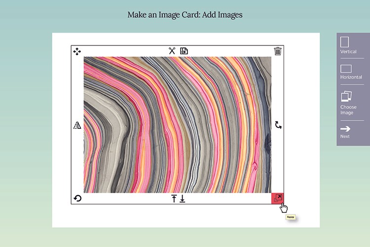 A screenshot displays a slide titled “Make an Image Card: Add Images,” showing a white square containing curved, multicolored lines in shades of pink, orange, yellow, and gray. A red square with a white “+” symbol is visible in the bottom right corner. A vertical bar labeled “Vertical” is on the left, and a horizontal bar labeled “Horizontal” is on the right. A gray bar labeled “Choose Image” and a white bar labeled “Next” are positioned to the right. The slide also shows icons for scissors, a clipboard, and a trash can. A white border frames the central image area, and a circular arrow icon appears at the bottom left.