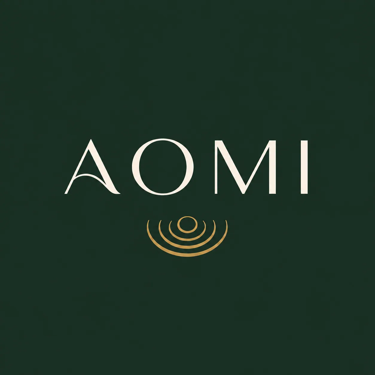 AOMI brand wordmark and ripple monogram on deep canopy green