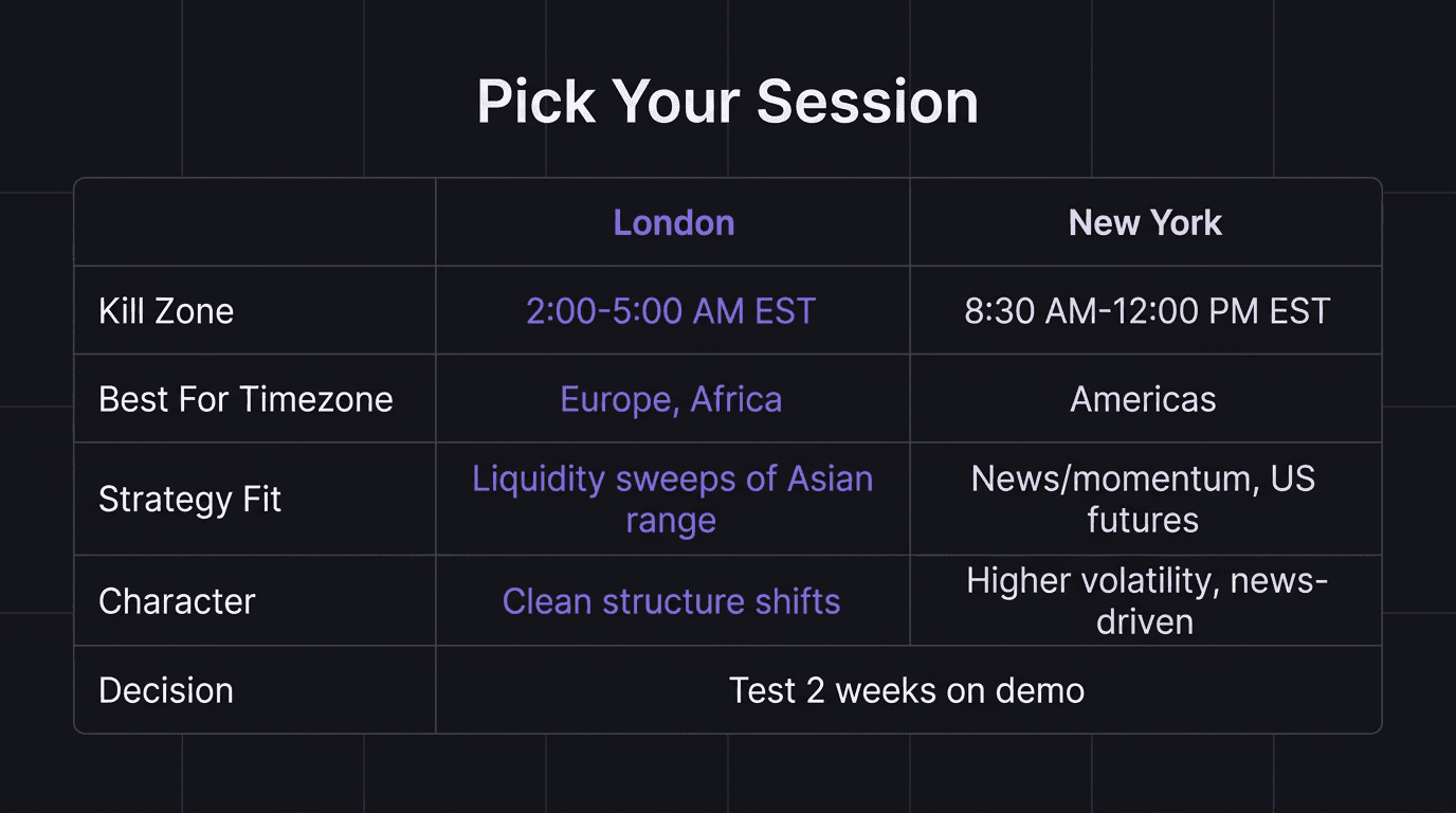 Comparison table of London vs New York session characteristics for choosing your trading session