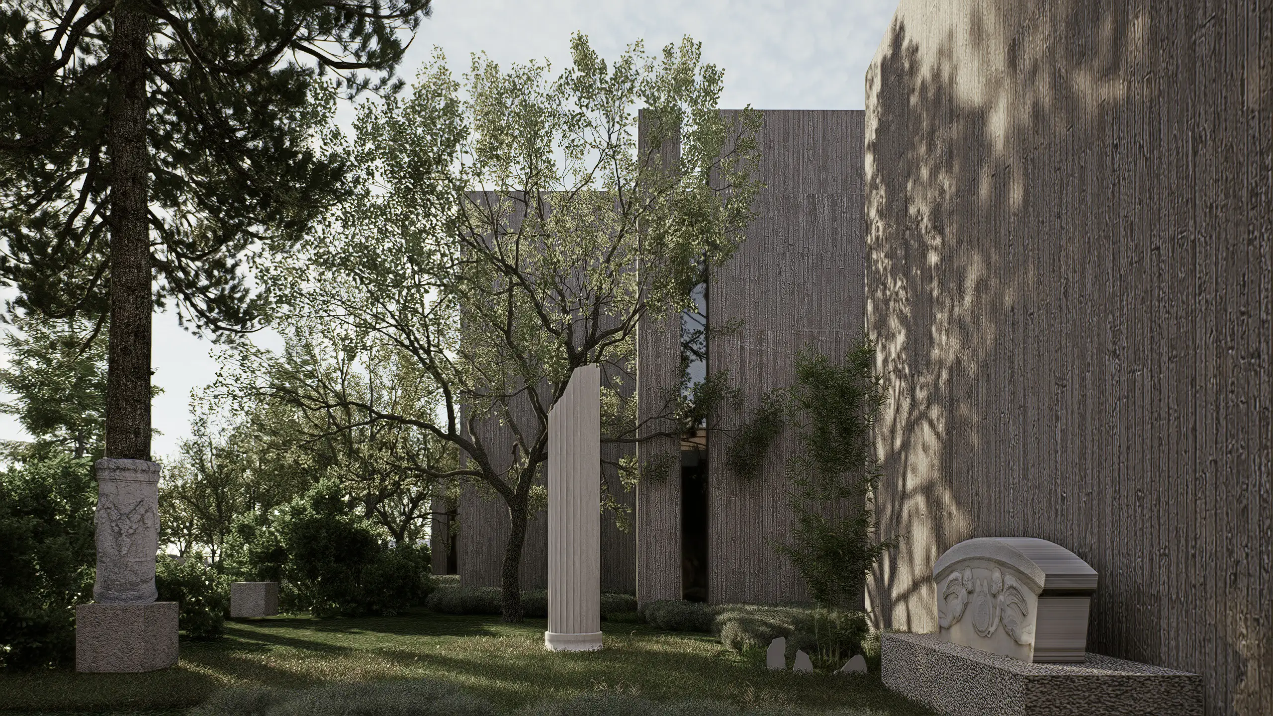 Column, stele and sarcophagus displayed in the garden beside a textured museum façade