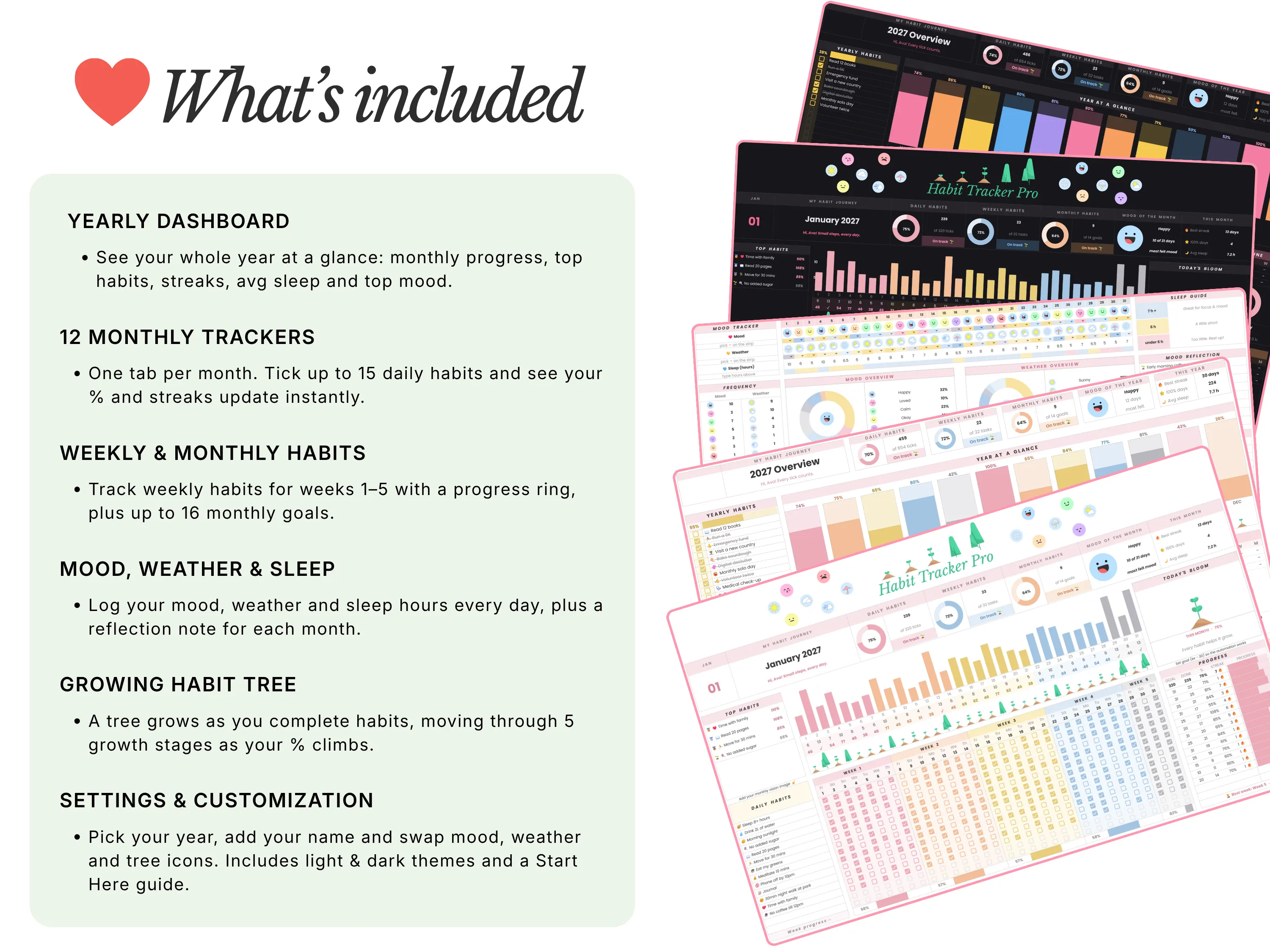 What’s included in Habit Tracker Pro: yearly dashboard, 12 monthly trackers, weekly and monthly habits, mood, weather and sleep tracking