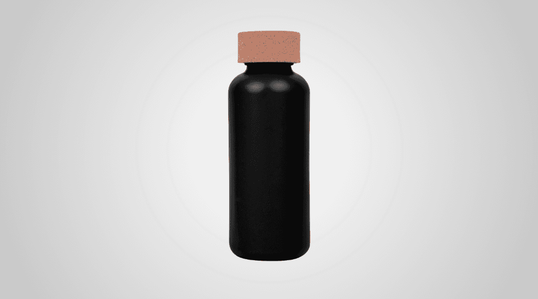 A black waterbottle with a cork lid