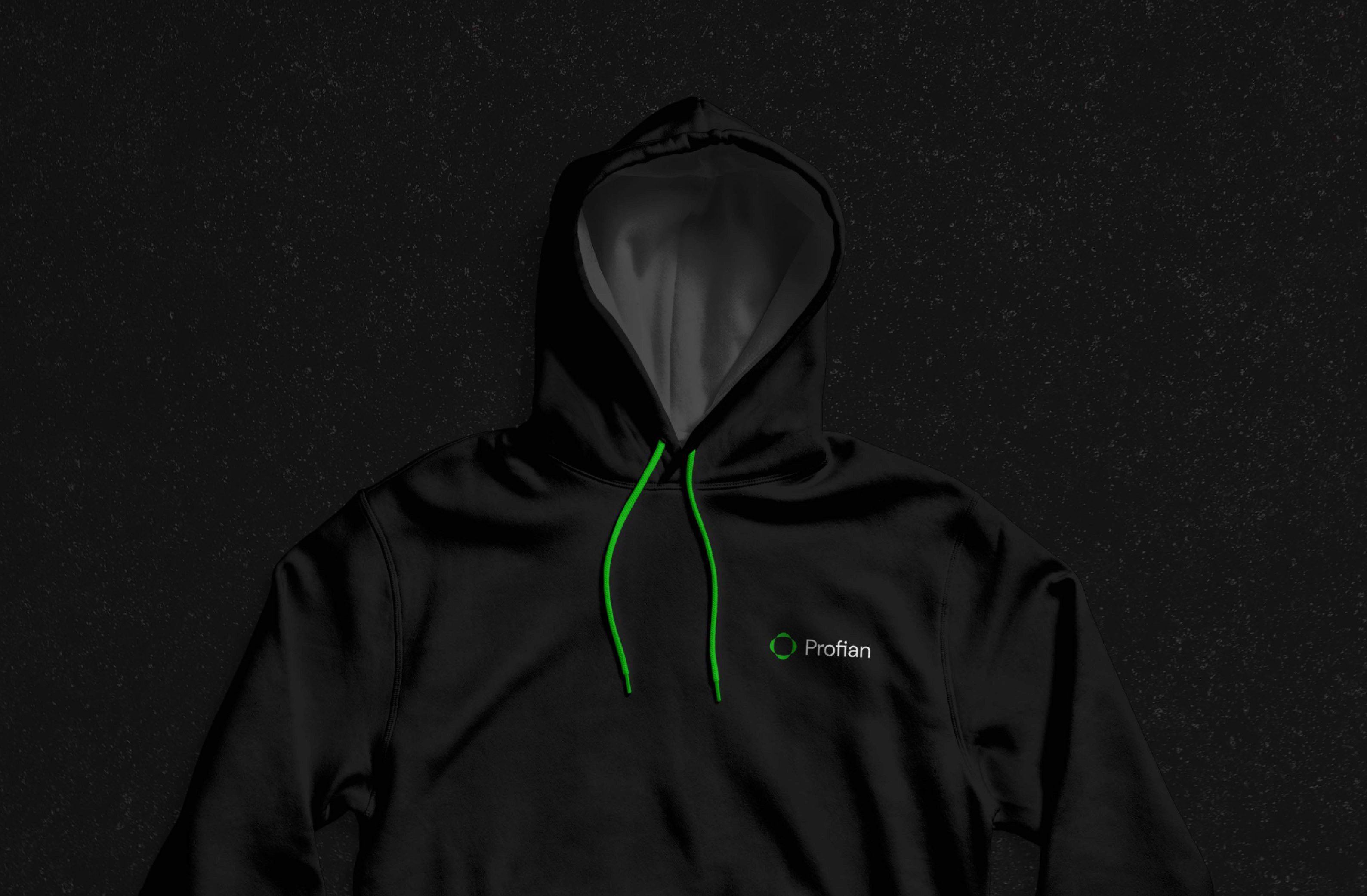 Black hoodie with green drawstrings featuring the Profian logo, perfect for casual wear.