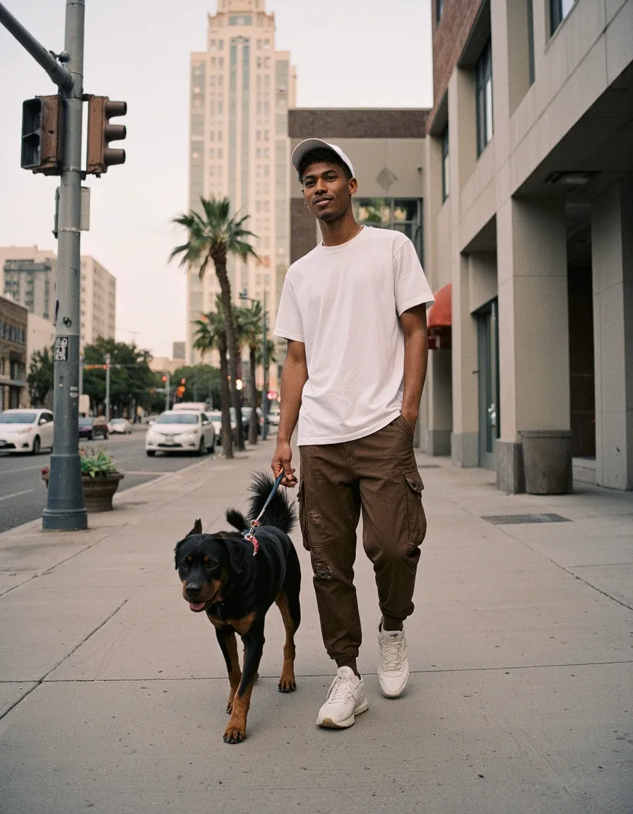 Man in white tshirt walking dog on urban sidewalk with tall buildings and palm trees in background