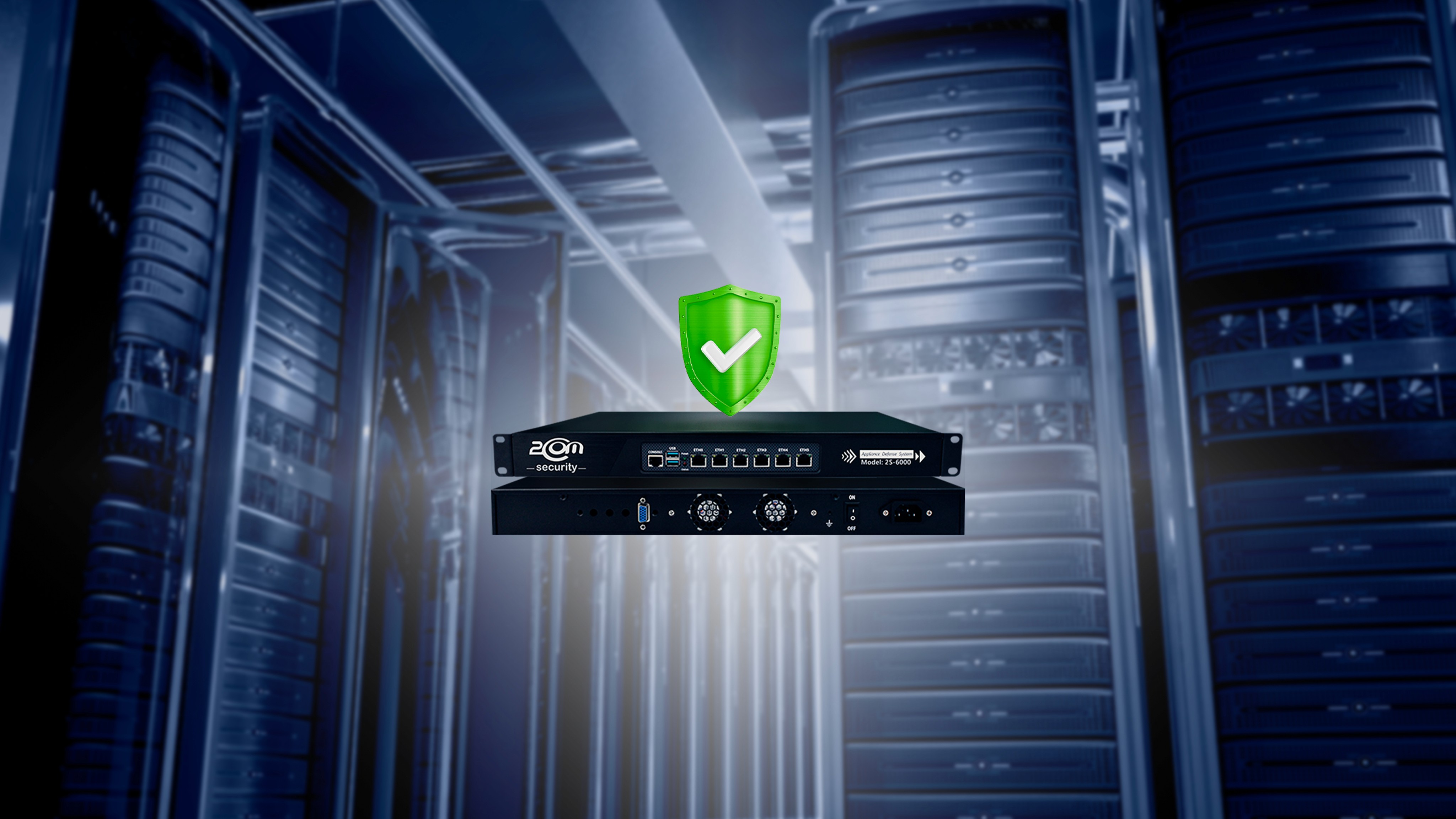 appliance de firewall com ícone de escudo flutuante, iluminado e por cima de uma fotografia de um datacenter