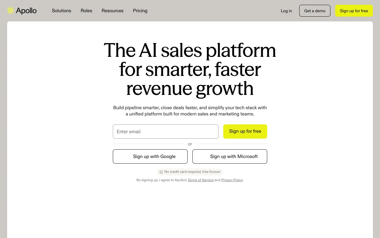 Apollo.io homepage, sales intelligence and prospecting platform