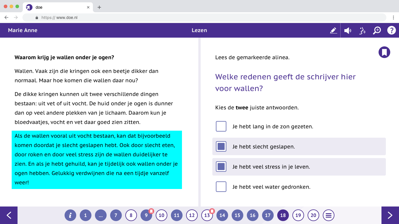Een van de opgaven typen van de toets, waar tekst gemarkeerd is en leerlingen twee antwoorden kunnen kiezen.