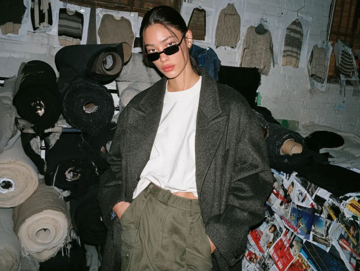 Woman in an oversized grey wool coat and black sunglasses among rolls of fabric and a wall of magazine clippings in a textile studio, premium lifestyle fashion