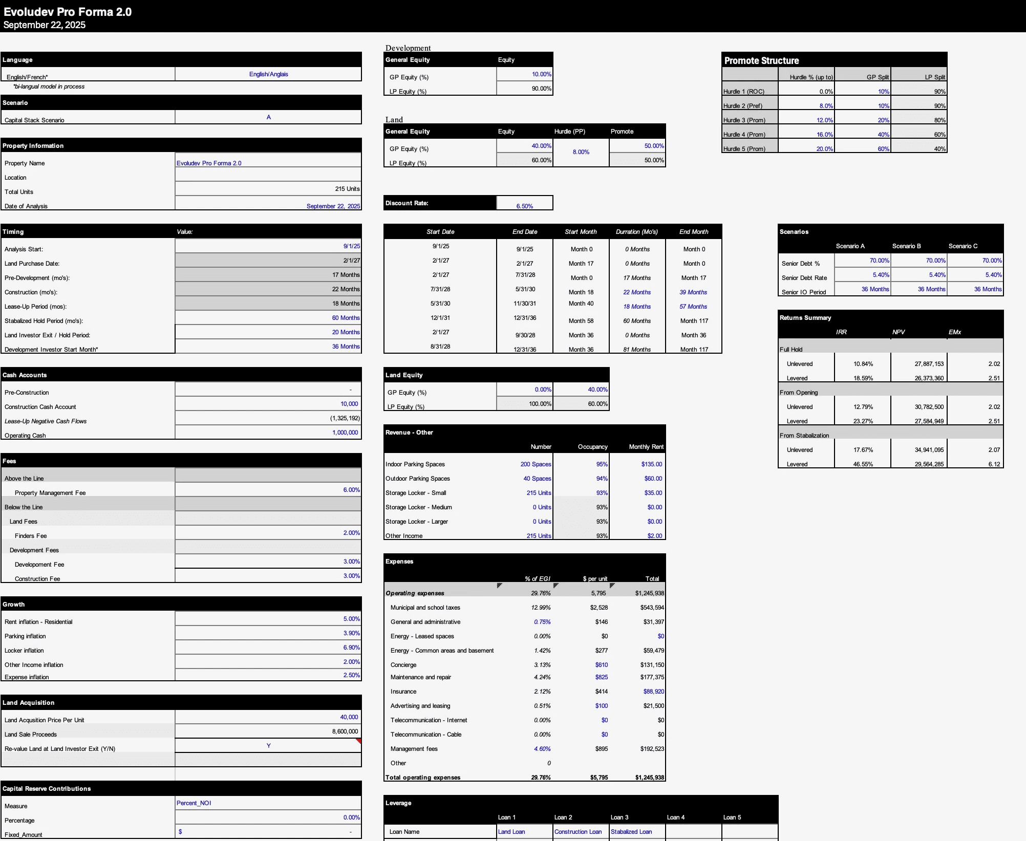 Bilingual real estate development model input dashboard with English and French toggle, centralizing capital structure, construction timing, lease assumptions, and investment parameters in a single auditable interface.