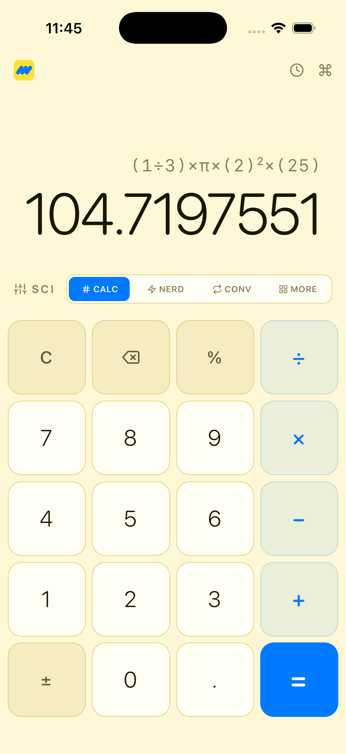 Maffs calculator in portrait mode showing a complex expression (1÷3)×π×(2)²×(25) = 104.7197551