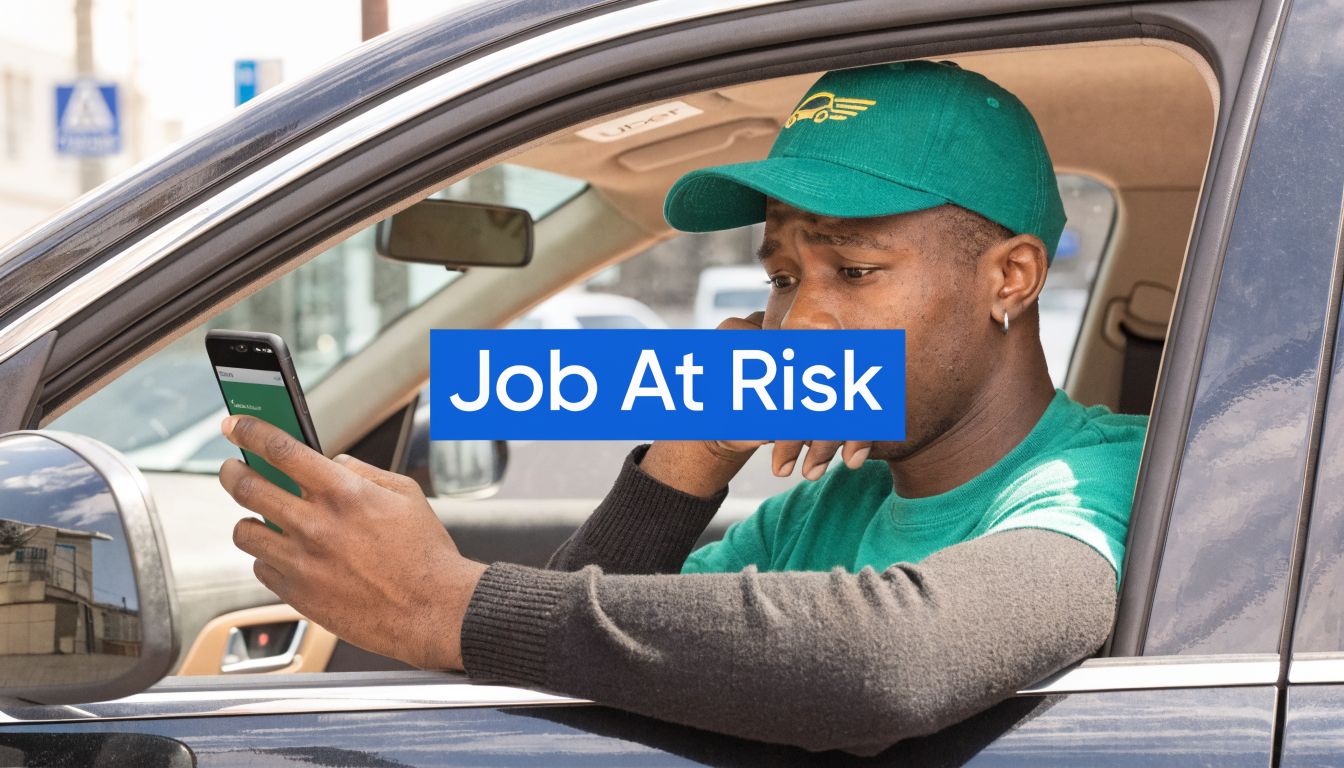 A concerned Uber driver sitting in his car while checking his smartphone during a work shift.
