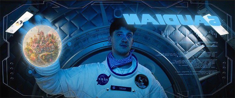 Futuristic sci-fi scene from the music video 'AUA AUA' by Tream, featuring an astronaut inside a space station holding a holographic projection of a miniature fantasy village. Created with cinematic VFX and immersive digital design, this 9R Studios production blends space aesthetics with surreal storytelling for a visually striking music video