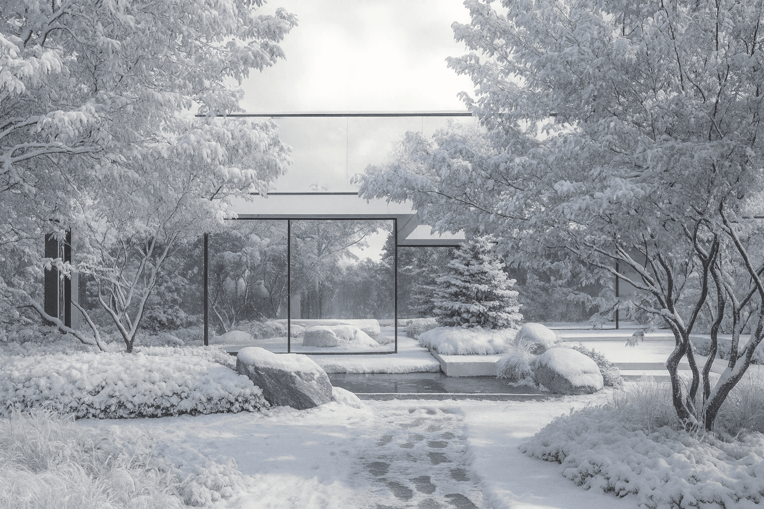 A snowy landscape with trees and a bench.