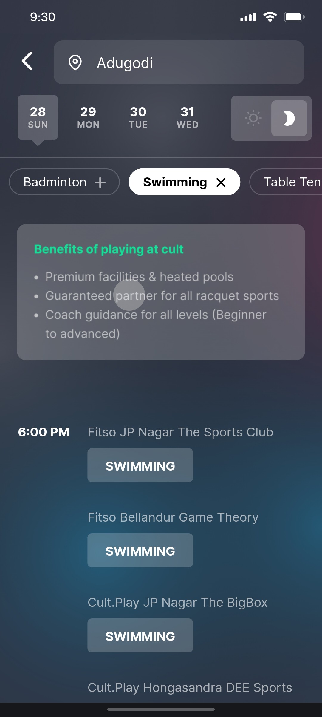 Cult.fit App Swimming Screen
