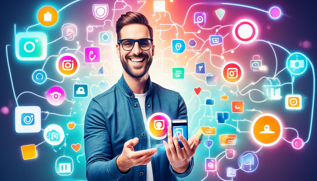 A vibrant and dynamic image showcasing a person using Instagram on a futuristic device. The device should be sleek and modern with a holographic display. The person should appear happy and satisfied with their Instagram growth, indicating success in their strategy. Surrounding the person should be symbols and icons representing different Instagram metrics such as followers, engagement, and reach. The symbols should be arranged in a pattern that looks like a winning formula for Instagram success. The colors used should be bright and bold, representing the energy and excitement of Instagram growth.