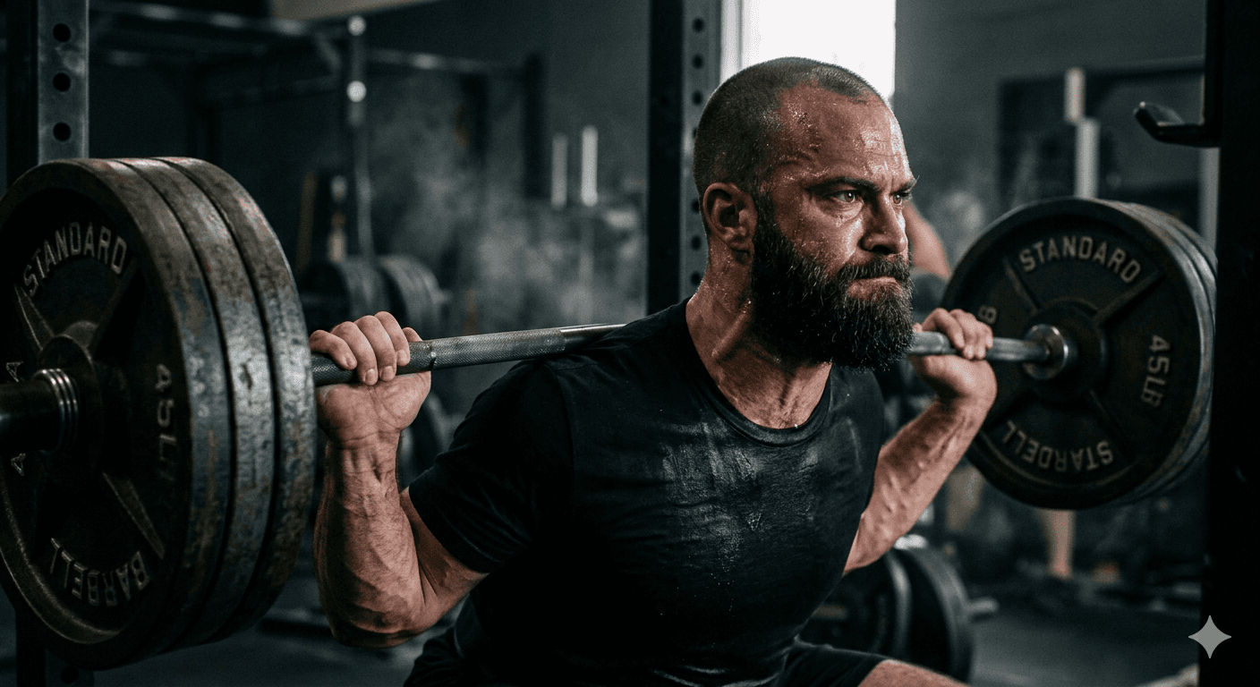 Intense bearded man with shaved head performing heavy barbell back squat in gym.