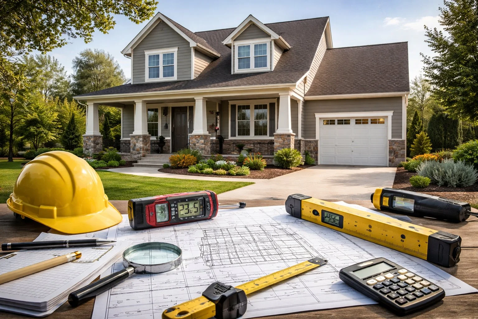 House being professionally inspected, surrounded by measuring tools and planning elements, illustrating careful evaluation.