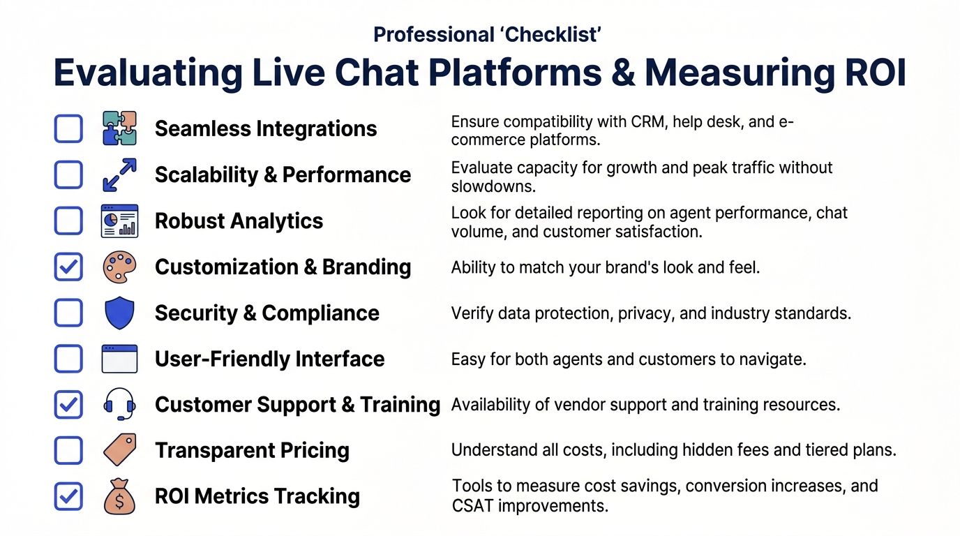 A professional checklist for evaluating live chat software platforms and measuring their return on investment.