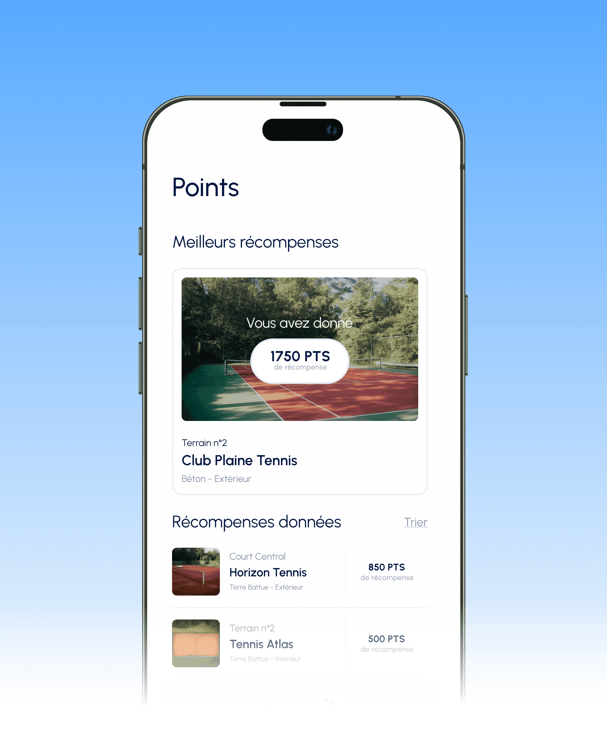 Aperçu du système de points et de récompenses dans l’application TennisCourt