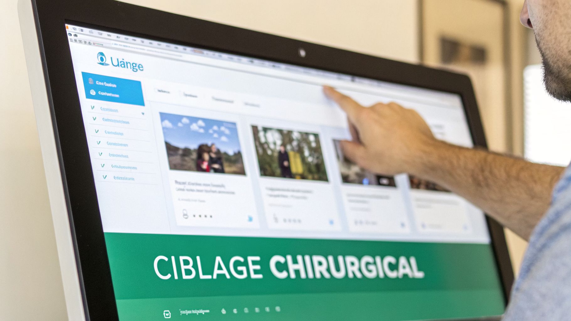 Main d'une personne touchant un écran tactile affichant le site web 'Uange' avec la bannière 'CIBLAGE CHIRURGICAL'.