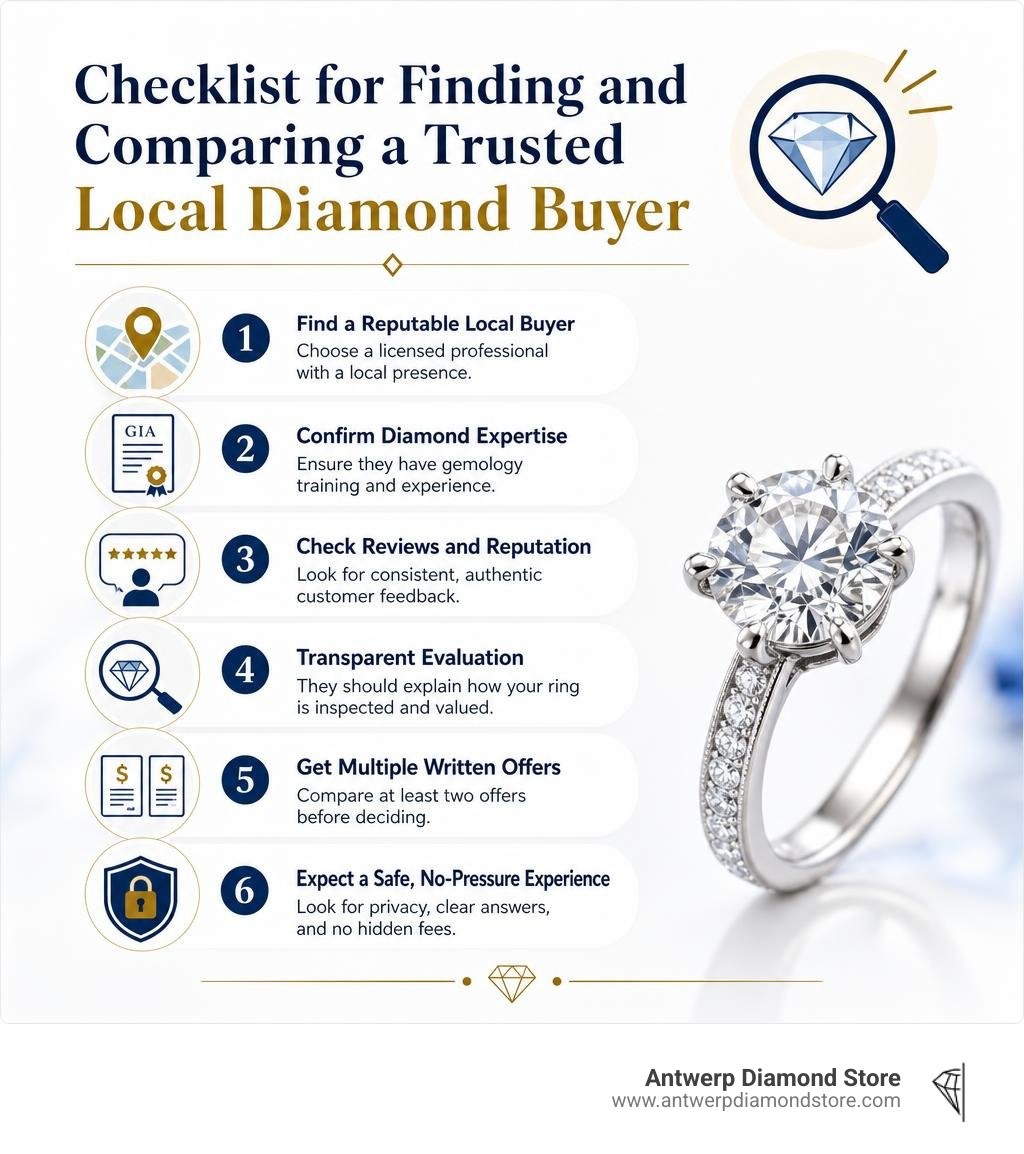 Checklist for finding and comparing a trusted local diamond buyer infographic