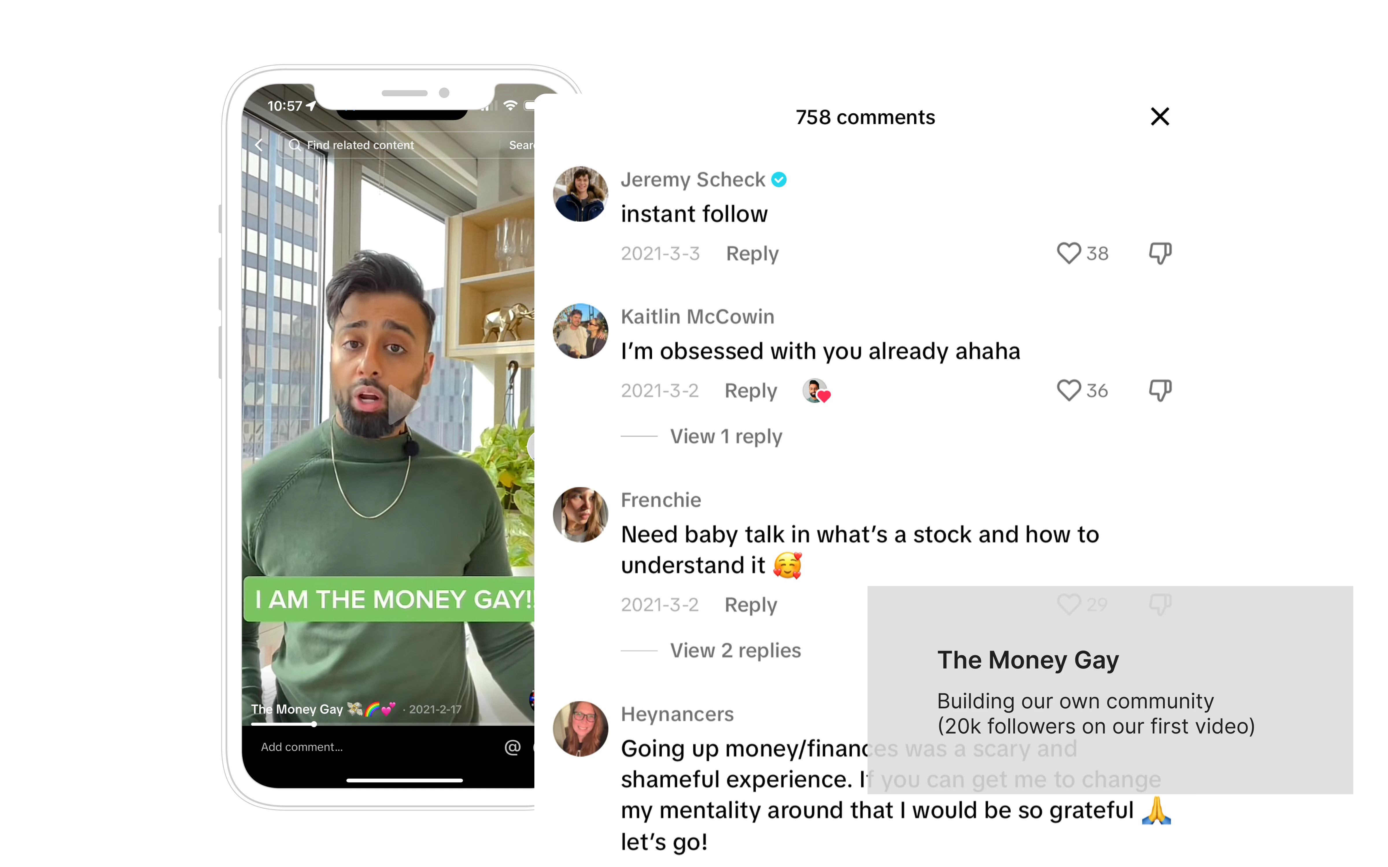 Screenshot of The Money Gay on TikTok plus a closeup of enthusiastic comments.