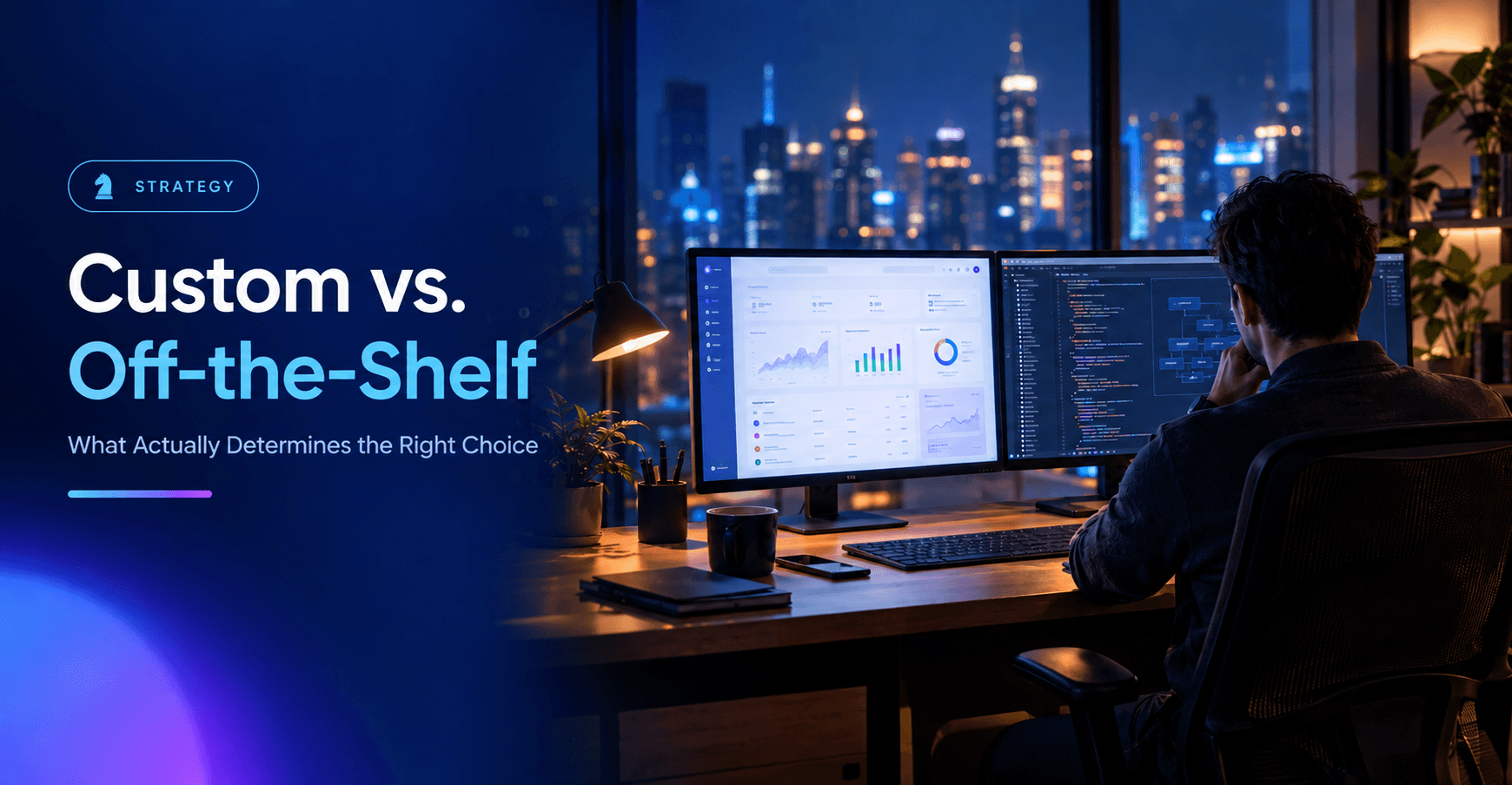 A professional at a dual-monitor desk comparing a SaaS dashboard against custom software code, illustrating the choice between custom and off-the-shelf software