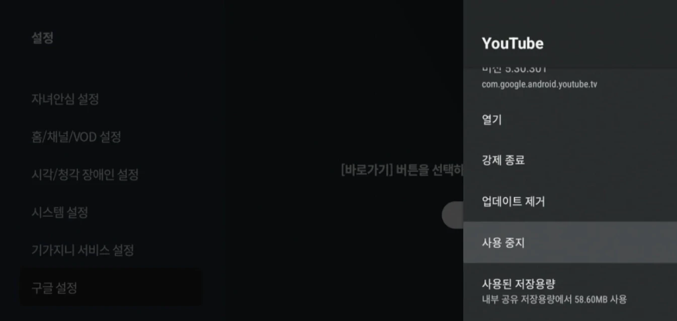 TV 설정 메뉴에서 YouTube 앱 사용 중지를 선택해 유튜브 차단을 진행하는 화면
