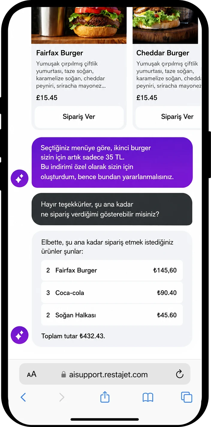 Restajet yapay zeka chat asistanı ile telefonda online sipariş ekranı