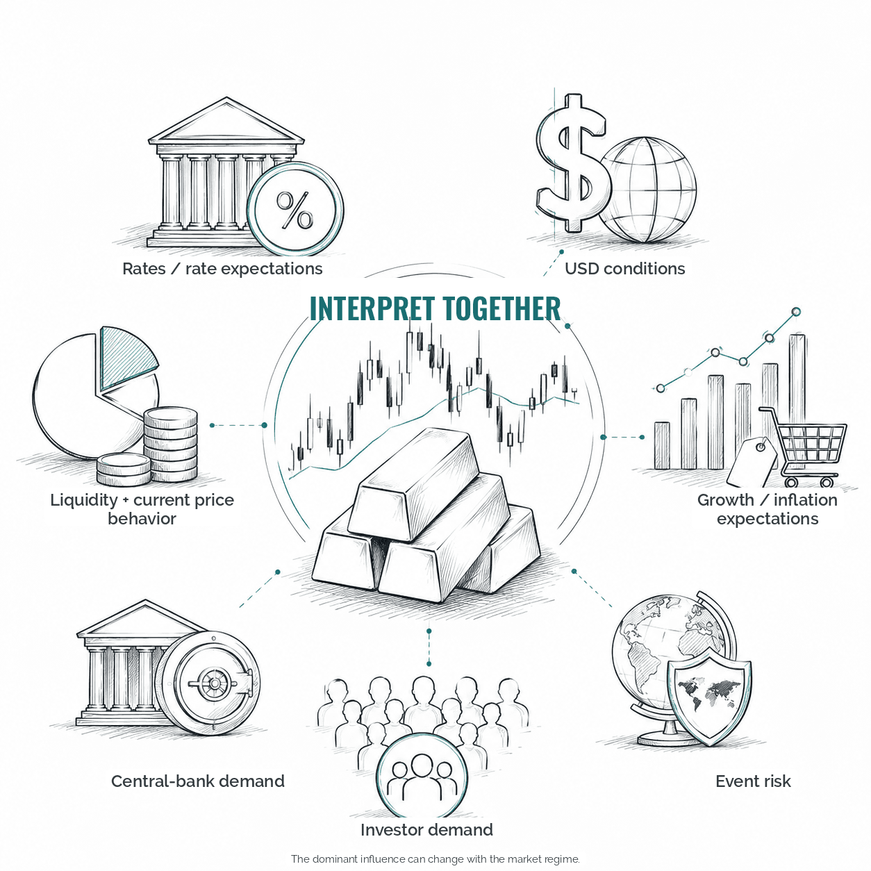 Multi-driver model surrounding gold price behavior with rates, USD conditions, growth and inflation expectations, event risk, investor demand, central-bank demand, and liquidity/current price behavior, emphasizing that the evidence should be interpreted together.