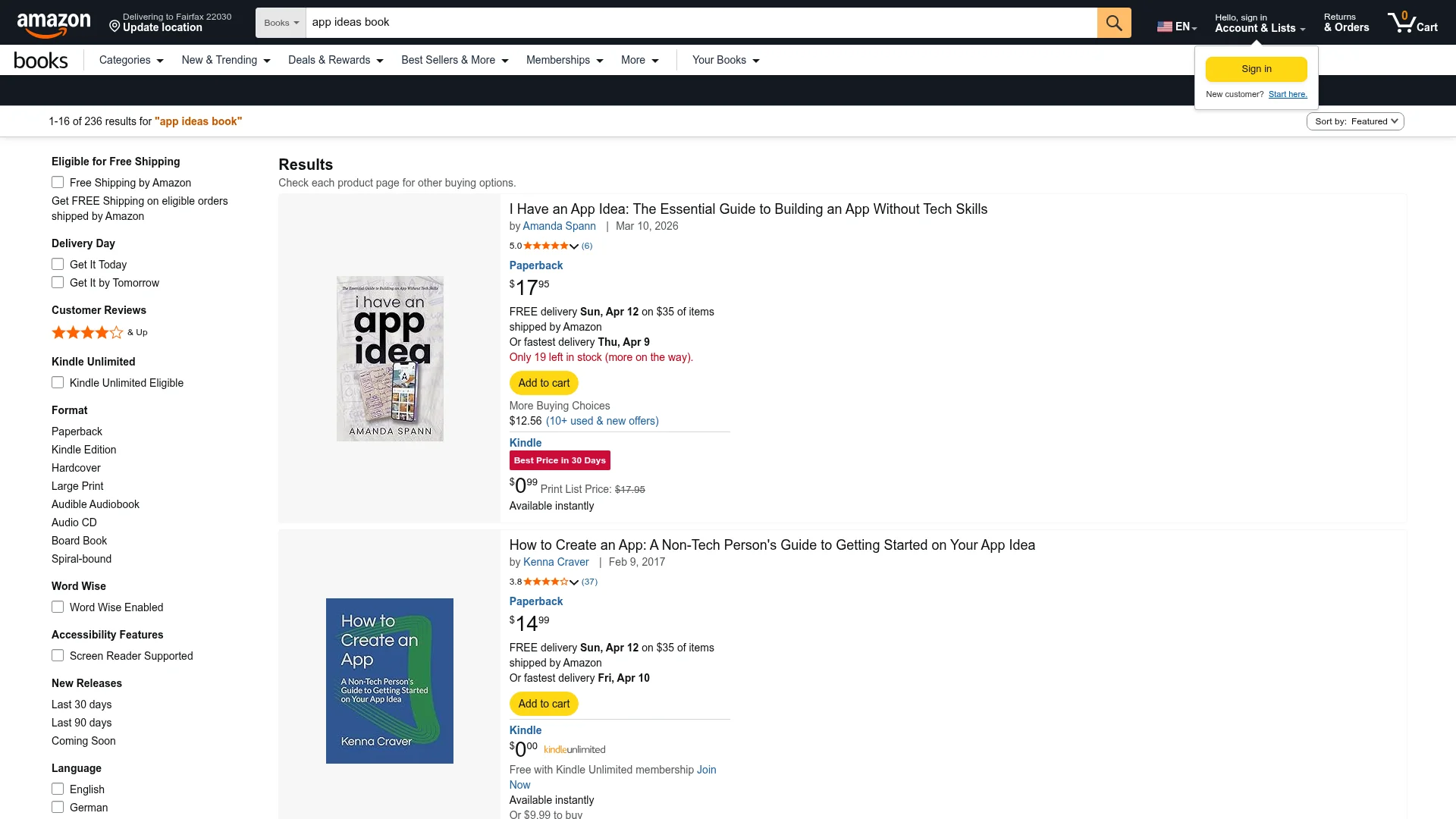 Amazon search results for app idea books showing top-rated titles on ideation and validation