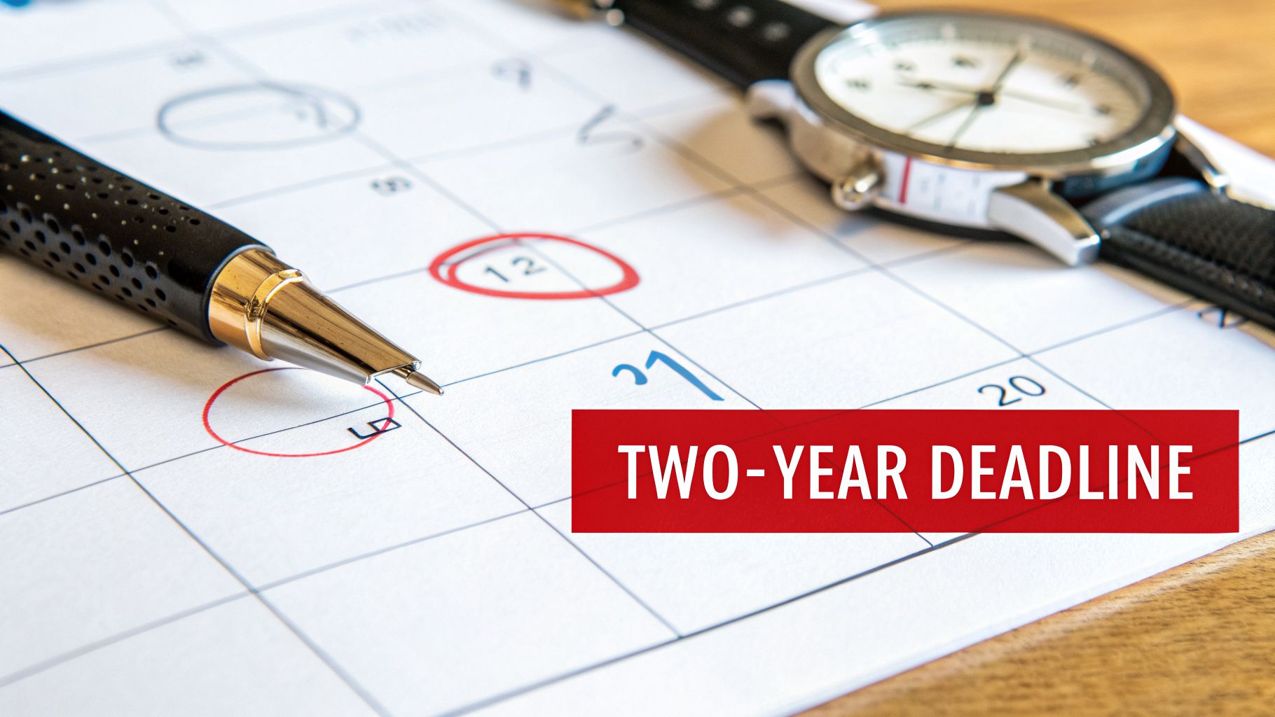 Calendar with circled dates, a pen, a wristwatch, and a red banner displaying 