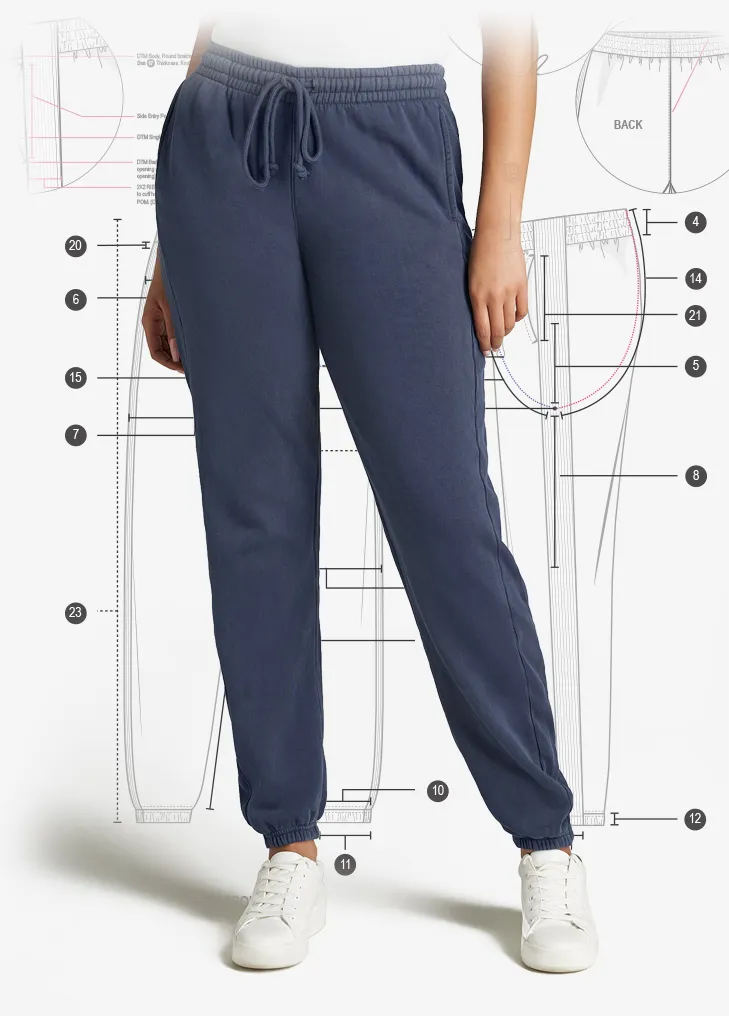 An image of a bottom half of a model wearing a navy colour jogger and a white shoe. In the background it's showing the technical sketch and drawing of the same jogger that the model is wearing with all its measurement points and technical details
