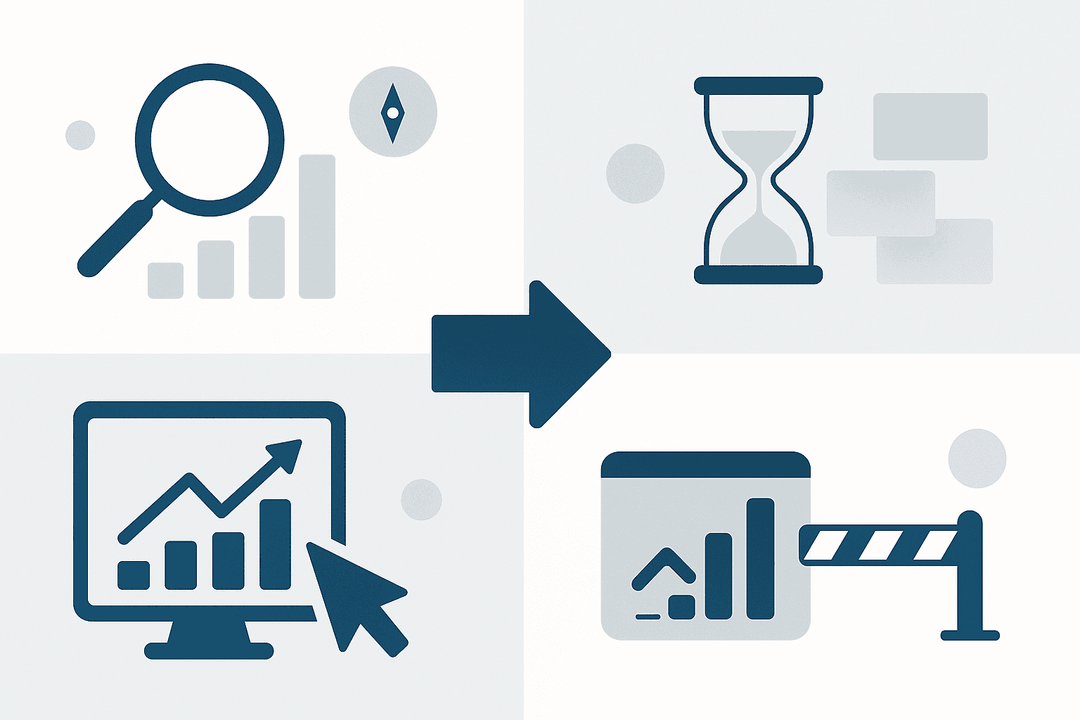 Icons contrasting GSC strengths and limitations converging into unified GEO analytics