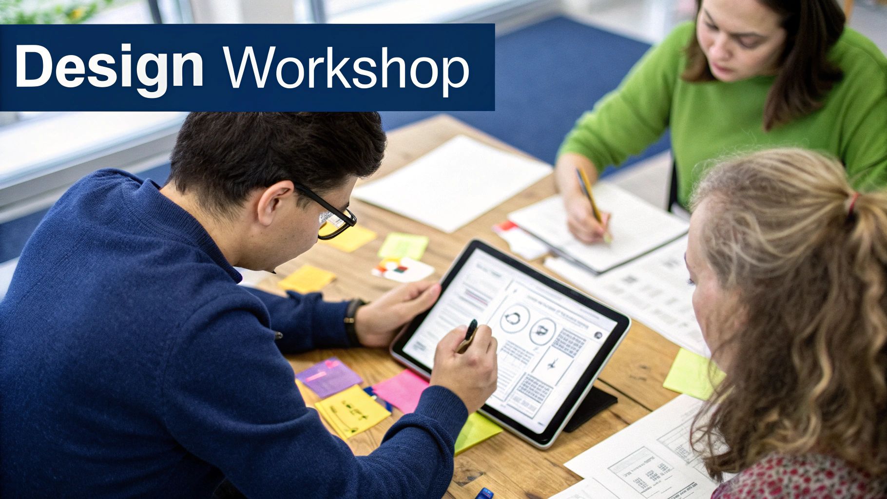 Team collaborating during a design workshop, with one person presenting ideas on a tablet and others taking notes and brainstorming using sticky notes and printed materials