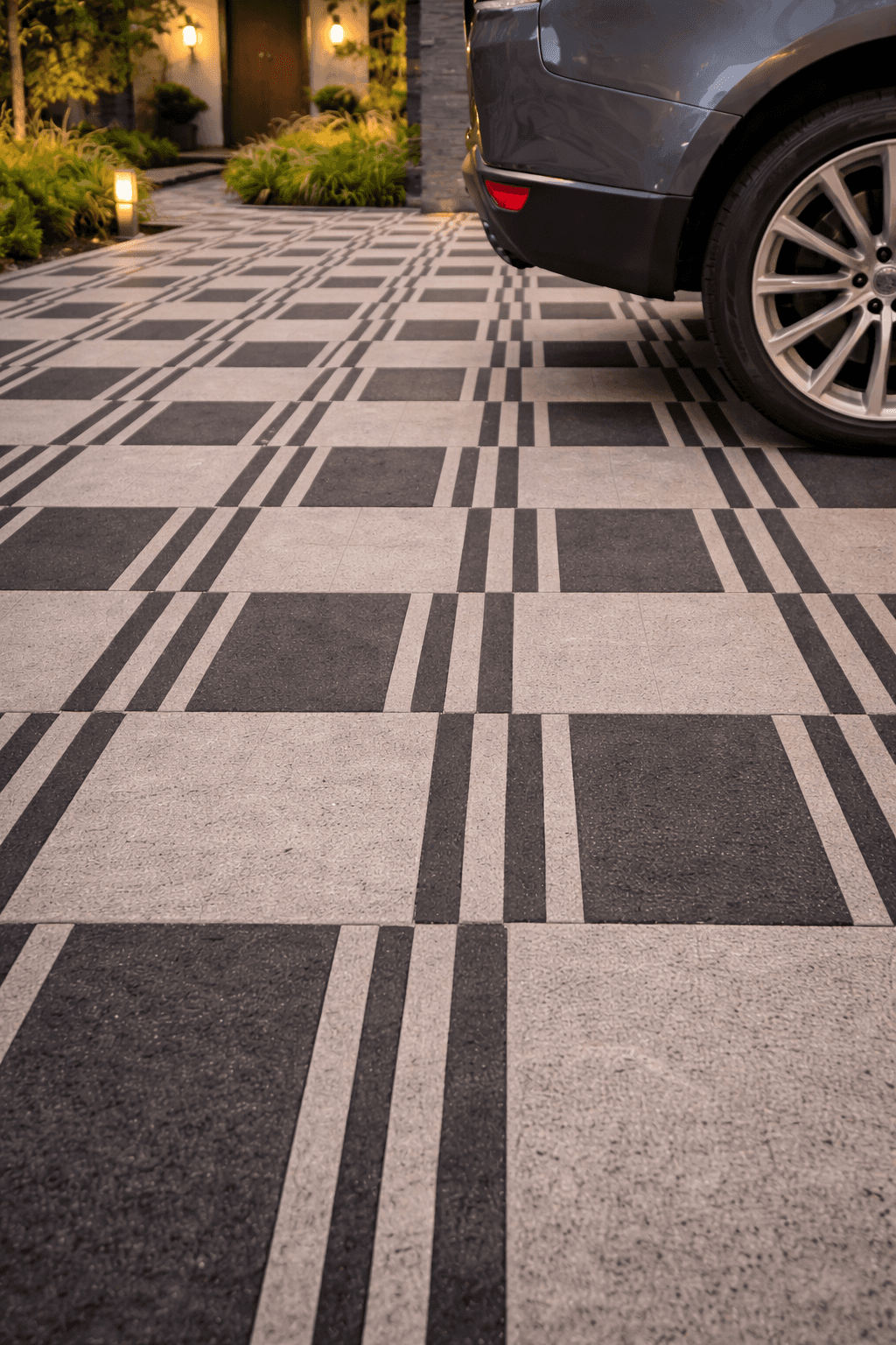 Barcode stone surface showing structured linear stripe pattern for contemporary outdoor paving