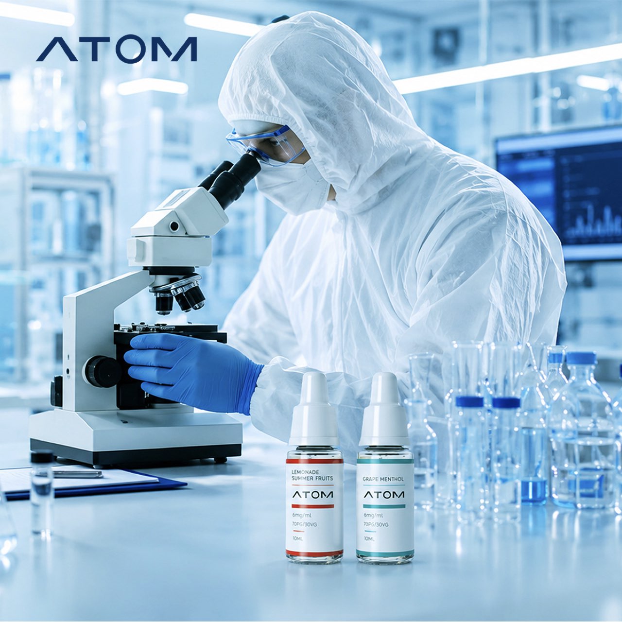 ATOM e-liquid quality testing in a laboratory with scientist and product bottles