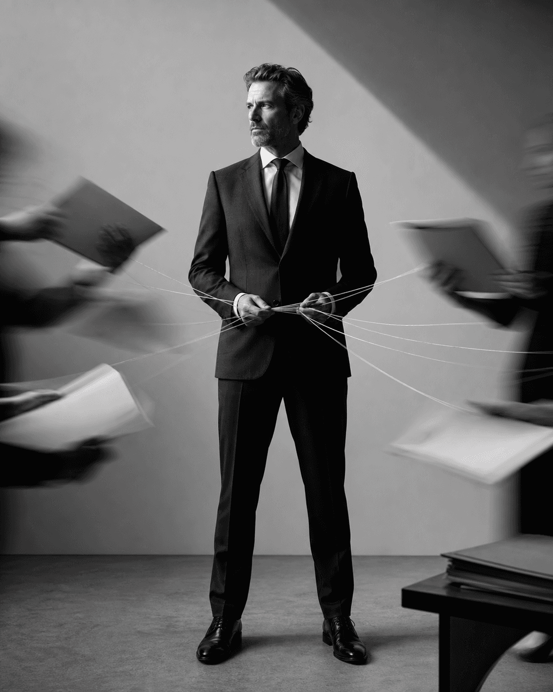 Black-and-white editorial portrait of a business leader holding connected workflow lines while documents move around him.