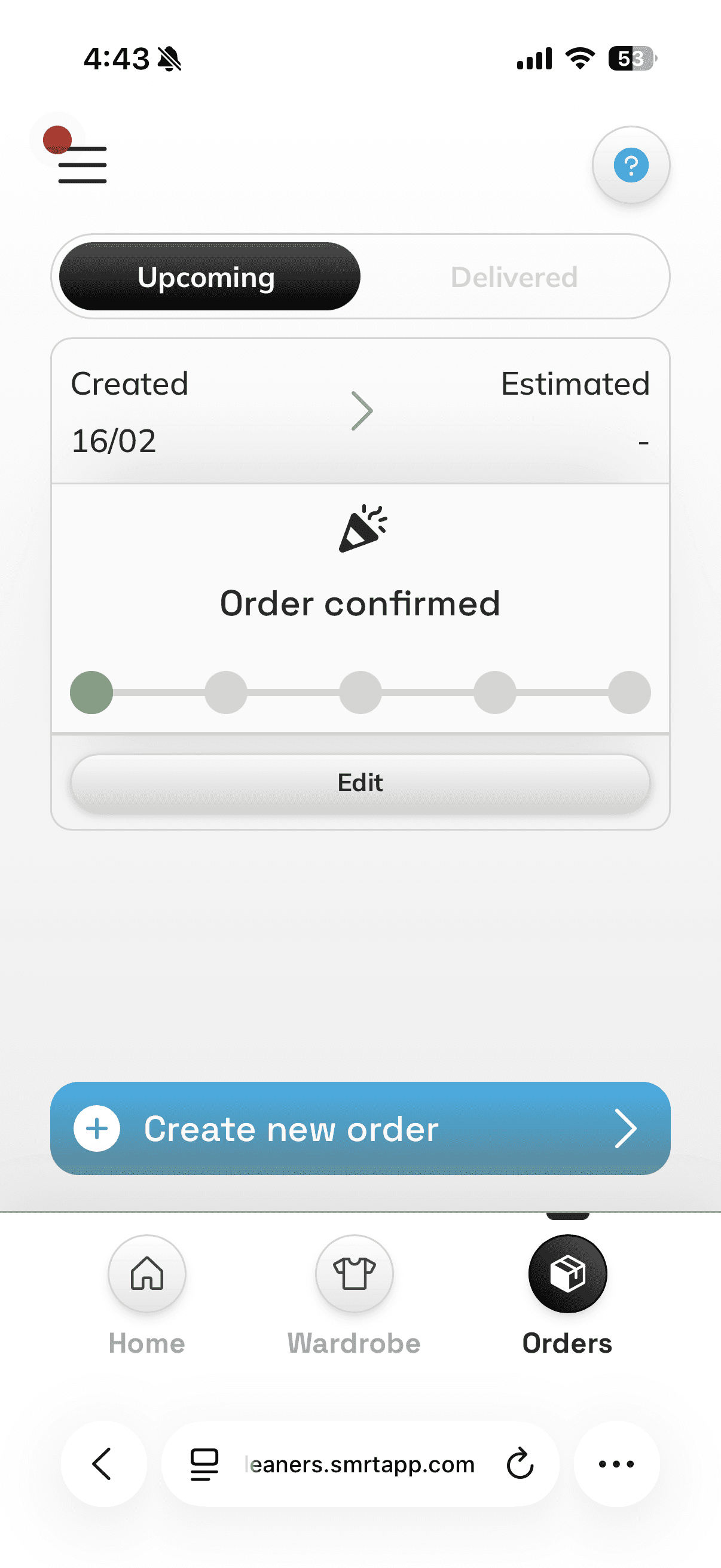 Eclo order confirmation screen in the SMRT app showing order created 16/2