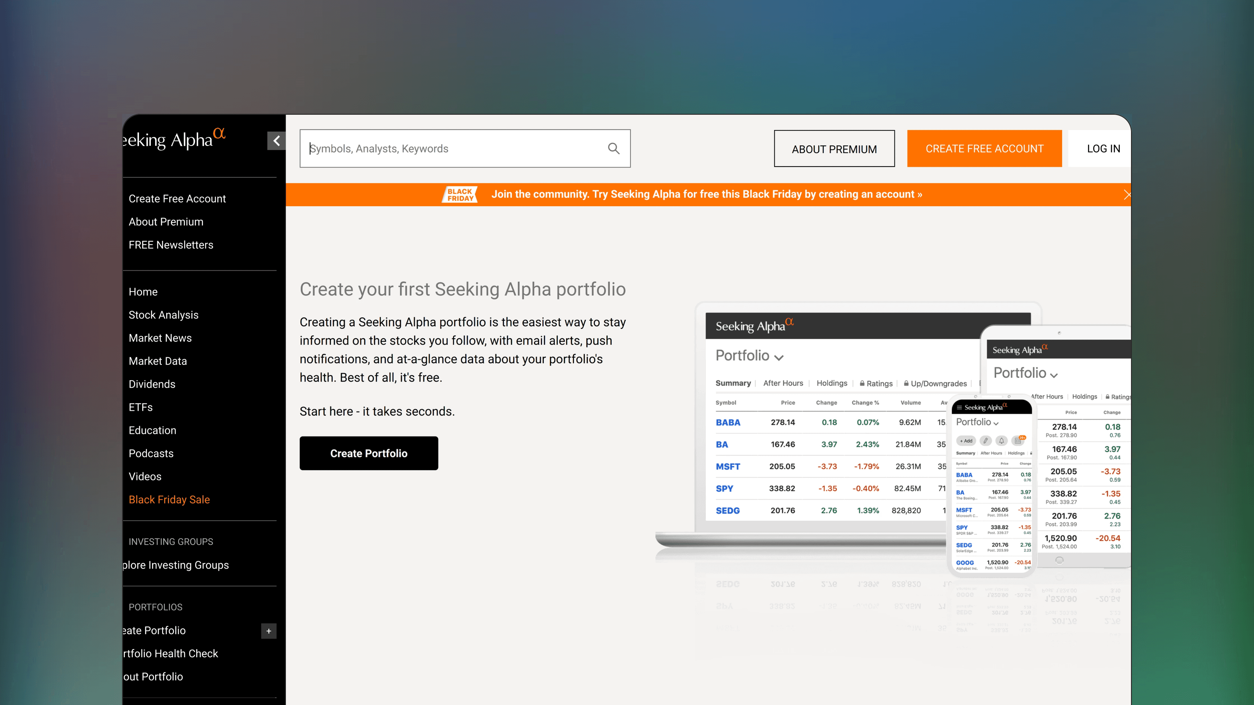 Website preview of Seeking Alpha Portfolio, trade management tracking platform showing a dashboard of performance metrics and news alerts for stocks.
