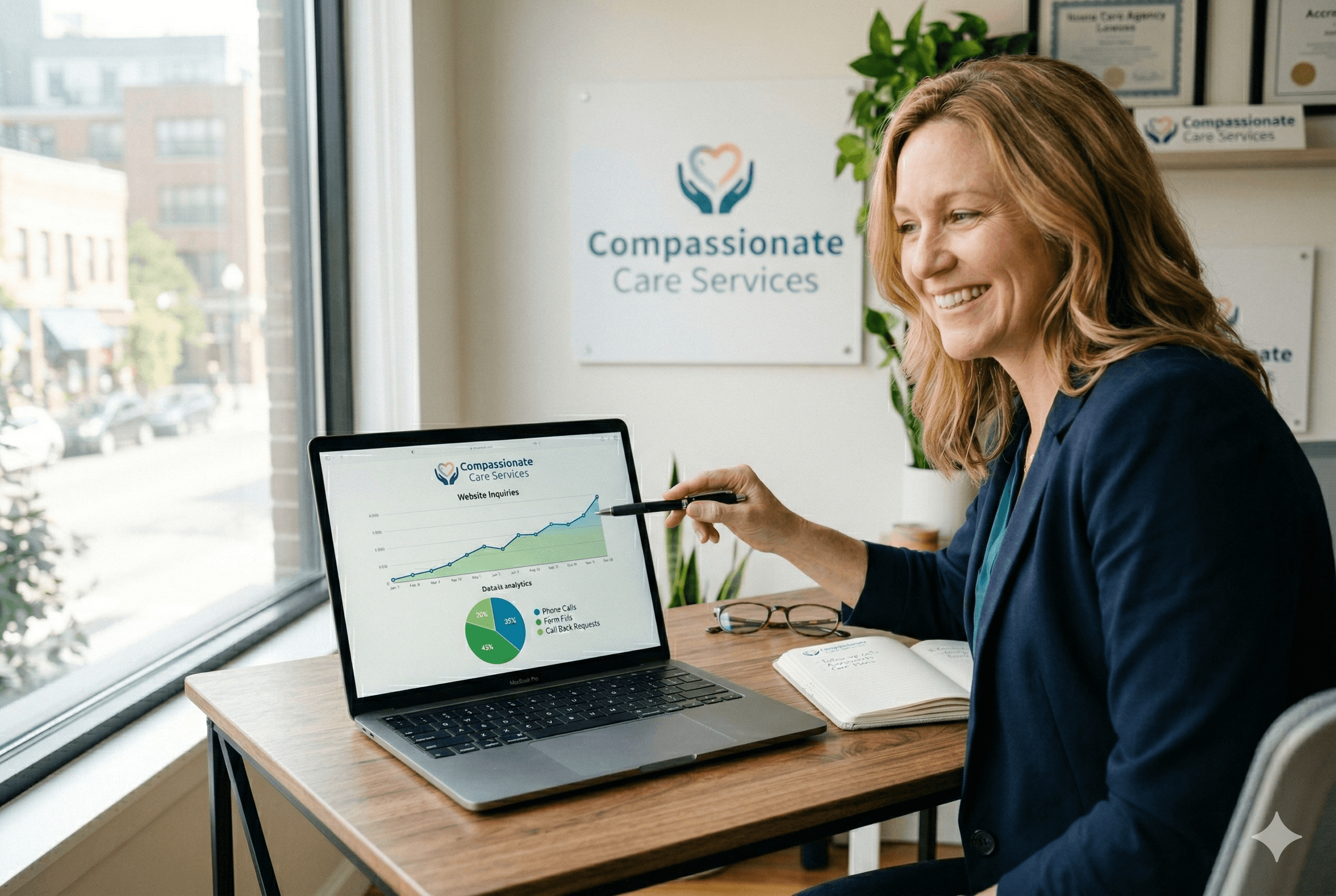 A home care agency owner sitting at a small office table with a laptop open to a simple website analytics page. The screen displays a rising line graph labeled “Website Inquiries” and a pie chart showing “Phone Calls,” “Form Fills,” and “Call Back Requests.” The owner is smiling and pointing at the screen with a pen. Indoor daylight, minimal modern office decor, small plant in the corner. Shot on Fujifilm X-T4, aspect ratio 3:2.