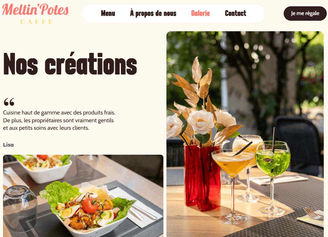 Section "Nos créations" du site internet du restaurant Meltin'Potes Caffé à Mérignac Arlac : salade gourmande et cocktails en terrasse avec avis client