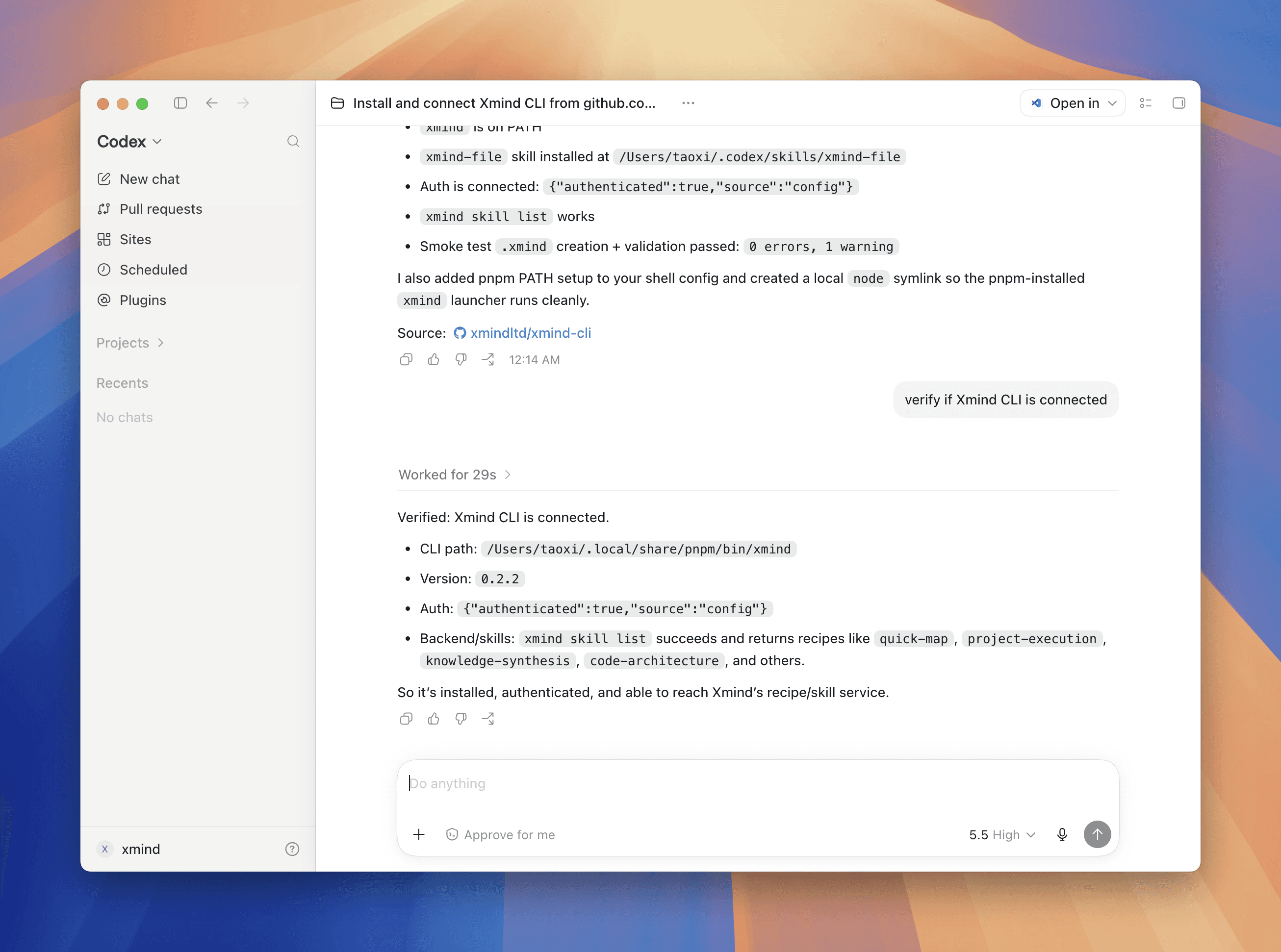 Verifying Xmind CLI connection and setup commands for AI-powered mind map creation